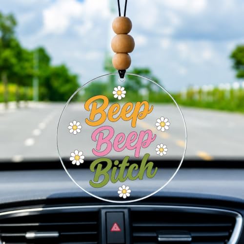 Talataca Beep Beep 2D Flat Car Ornament & Wood Beads, Funny Quote Beaded Rear View Mirror Accessories, Rearview Hanging Charm, Christmas Tree Decor - color: 23