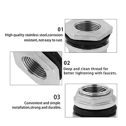 2" Bulkhead Water Tank Connector - SUS304 Stainless Steel Thru-Bulk Fitting, Pipe Adapter for Rain Barrels, Aquariums, Tubs, Pools, Spigot - size: 2 Inch