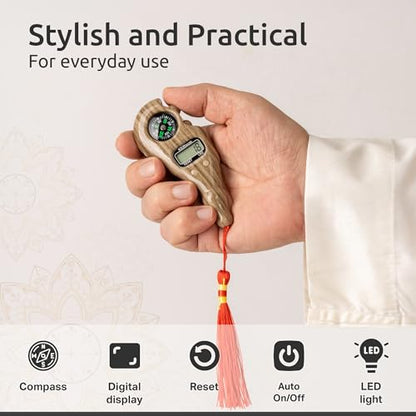 Digital Finger Tasbih with Compass & Night Light - Islamic Prayer Beads Counter, Finger Counter for Dhikr, Meditation, Relaxation, and Healing - color: Brown Wood Lion