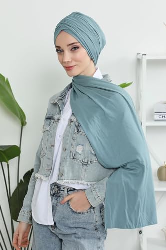 Aisha's Design Instant Hijab Scarves for Women, 95% Cotton Pretied Bonnet Turban Easy to Wear Cotton Headscarf - color: Dark Mint