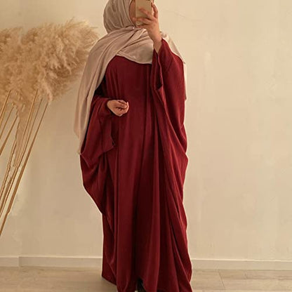 Muslim Dress for Women Pakistani Kaftan Abaya Robe + Hijab Arabic Islamic Prayer Clothes Dubai Outfits - color: Dark Red Set