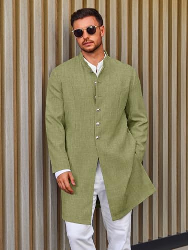 Runcati Mens Kurta Coats Indian Mandarin Collar Attire Ethnic Outfits Wedding Festive Party Clothing Casual Kaftan Robe - color: Army Green, size: XX-Large