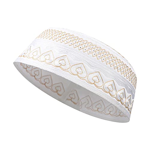 Muslim Prayer Kufi Hat for Men Boys Islamic Beanie Skull Cap Prayer Headwear Embroidery Kofia Topi Sun Hat Ramadan Eid Gift - color: Yellow, Heart Embroidery