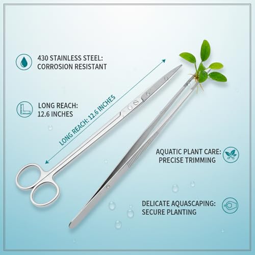 Aquarium Maintenance Tool Set - 430 Stainless Steel Long Reach Scissors, Tweezers & Sand Shovel for Fish Tanks - size: 9.84 x 1.18 x 0.24 in
