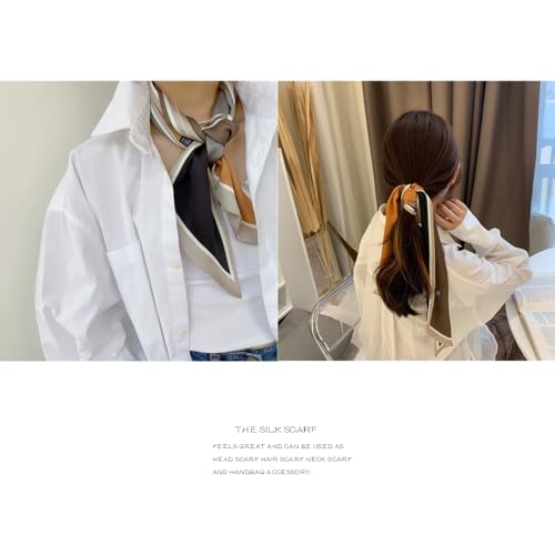 Silk Feeling Head Scarf Fashion Satin Hair Scarf Square Long Scarves for Women Gifts - color: 02 Grey Black Orange 5.12 X 59 Inch