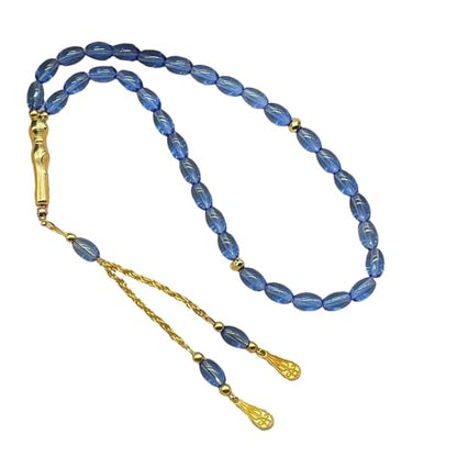 Oval Beads Glass Islamics Prayer Beads Tasbih With Gold Tassels For Daily Devotion And Cultural Event - color: Transparent Blue