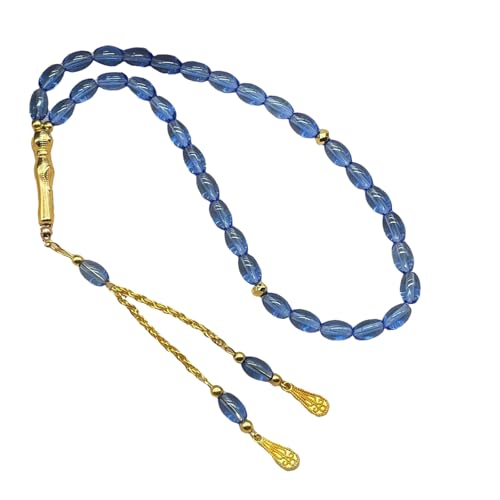 Oval Beads Glass Islamics Prayer Beads Tasbih With Gold Tassels For Daily Devotion And Cultural Event - color: Transparent Blue