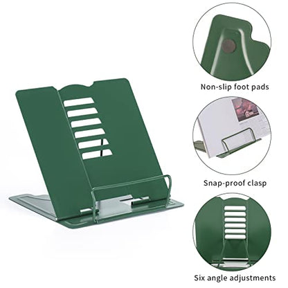 Metal Book Stand Adjustable Book Holder for Reading | Portable & Sturdy For Textbooks Cookbooks Sheet Music Papers Study - color: Full Green
