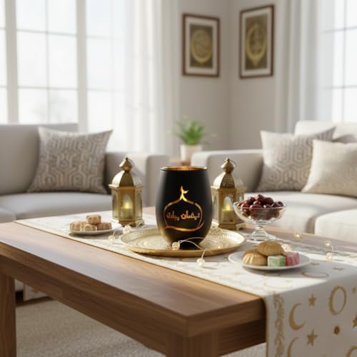 Ramadan Mubarak Decorations, Matte Black & Gold Glass Tealight Holders, Eid Mubarak Table Decor with Mosque Silhouettes, Luxury Islamic Home Decor & Gift for Ramadan Kareem