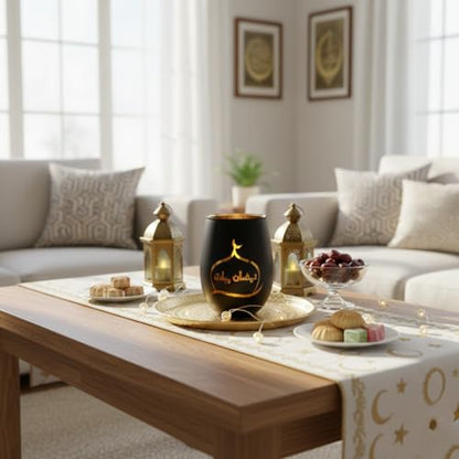 Ramadan Mubarak Decorations, Matte Black & Gold Glass Tealight Holders, Eid Mubarak Table Decor with Mosque Silhouettes, Luxury Islamic Home Decor & Gift for Ramadan Kareem