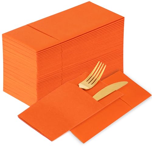 KAMMAK Napkins Disposbale 100 Pack Orange Cloth like Paper Dinner Napkins with Pocket Folded Wedding Napkin Guest Hand Towels for Party Reception, Bathroom, Kitchen, Restaurants (16.5 x 16.5 inch) - color: Orange