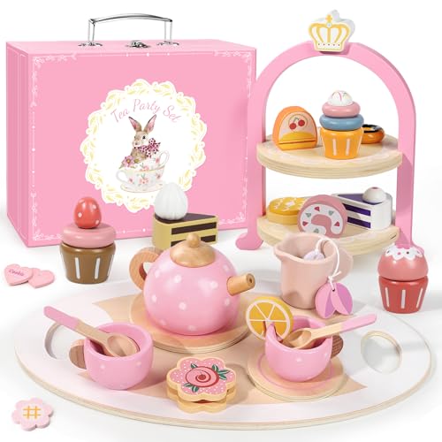 Wooden Tea Party Set for Little Girls, Toddler Girl Gifts Princess Tea Time Toys, Wooden Tea Set Tray Cake Dessert, Kids Kitchen Pretend Play, Birthday for Girls Age 2-5 Years Old - style: A. Pink Polka Tea