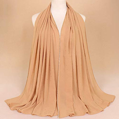 Premium Chiffon Hijab Rhinestone Long Scarf Shawl Wrap for Women Head scarf for Muslim Wedding Party Gift Packed - color: 001camel