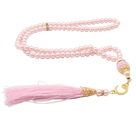 Tasbih Muslim Prayer Praise Beads, 6mm 99 Beads Glass Pearl Muslim Rosary Bracelet with Tassel, Natural Bead Pearls Tassel Pendant, Men Women Meditation Jewelry (Pink b) - color: Pink b