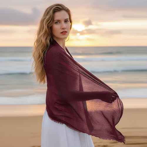 Nydotd Women Summer Cotton Linen Scarf Crinkle Long Beach Shawl Wrap hijab with Fringe - color: Deep Burgundy