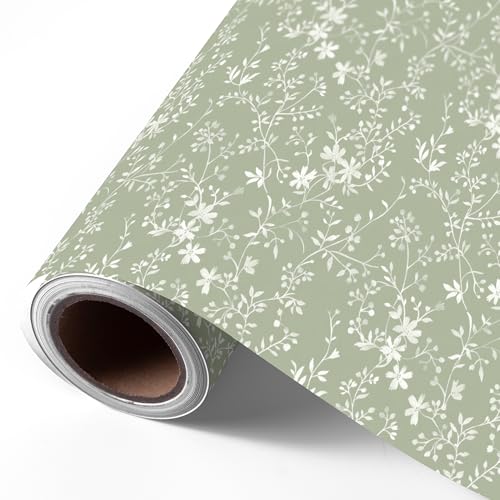 WRAPLULU Sage Green Floral Wrapping Paper Roll - 17.5" * 26 Ft. - Vintage Greenery Gift Wrap With White Flower Vines and Wildflowers, Perfect for Baby Shower Wedding Monther's Day Birthday Christmas - color: Sage Green