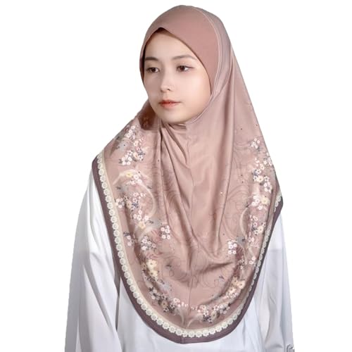 Ready To Wear Instant Hijab 여아용 무슬림 슬립온 키마르 꽃무늬 히잡 스카프 여성용 히잡 이슬람 아바야 터번 - color: 브라운 2#