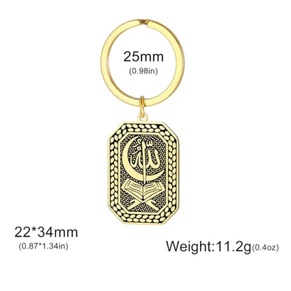 VASSAGO Stainless Steel Muslim Keychain Double Sided Islamic Crescent Star Allah Calligraphy Key Ring Religious Ramadan Gift - color: Gold