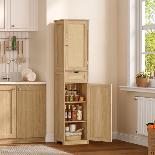 67" H Tall Storage Cabinet with 2 Rattan Doors and 1 Drawer, Narrow Rattan Cabinet with Adjustable Shelves, for Living Room, Entryway, Kitchen, Natural - color: Natural