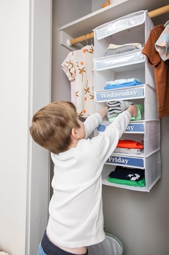 Three Sweet Peas Co Monday through Friday Hanging Weekly Clothes Organizer for Kids