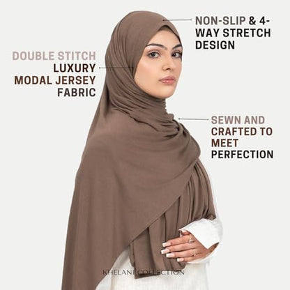 KHELANI Premium Modal Jersey Hijab, Luxury Lightweight Non Slip Stretchy Jersey Head Scarf for Muslim Women, Soft Shawls Wrap - color: Mocha Brown