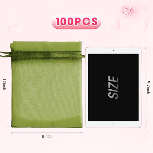 ANZNKU 100Pcs Large Organza Bags 8x12, Green Small Mesh Gift Bag Drawstring - color: Green