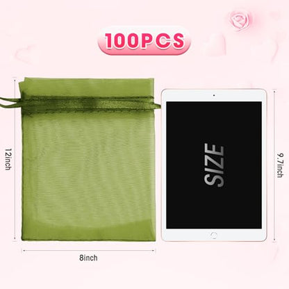 ANZNKU 100Pcs Large Organza Bags 8x12, Green Small Mesh Gift Bag Drawstring - color: Green
