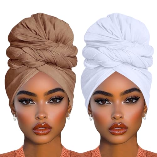 COOKOO 2 Piece Long Solid Color Stretch Head Scarf Jersey Headbands African Women's Head Waps Turban Lightweight Breathable Headwraps for Black Women(White+Camel) - color: White+Camel