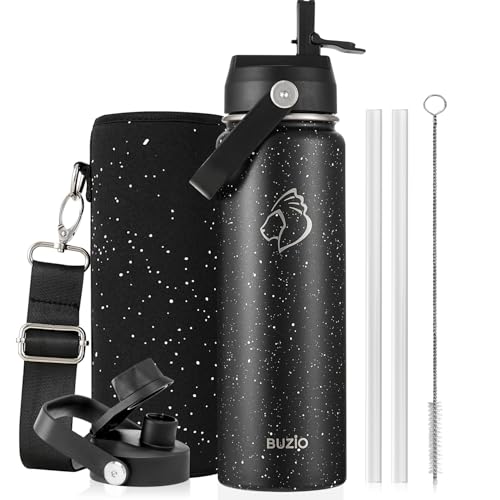 BUZIO 24 oz Insulated Water Bottle, Stainless Steel Wide Mouth Water Flask with Straw Lid, Cold for 48 Hrs Leak Proof Metal Hydro Thermo Canteen Mug, Starry Day & Night - color: Starry Day & Night, size: 24 Ounces