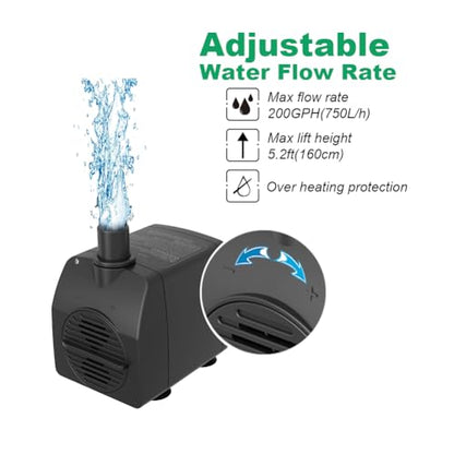 Knifel Submersible Pump 200GPH Ultra Quiet with Over Heating Protection 5.2ft High Lift for Fountains, Hydroponics, Ponds, Aquariums & More… - size: 200GPH with Over Heating Protection