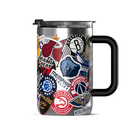 Hydrapeak NBA Officially Licensed All-Team Sticker Print 18oz Insulated Coffee & Tea Mug with Flip Sip Lid & Handle, Stainless Steel Travel Mug for Hot & Cold Drinks - color: NBA Current, size: 18 Ounces