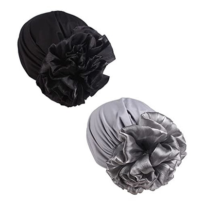 Women Flower Elastic Turban Beanie Head Scarf wrap Chemo Cap hat for Cancer Patient - color: Black Gray