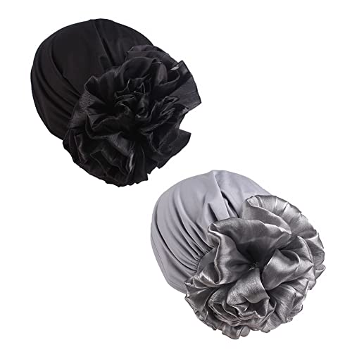 Women Flower Elastic Turban Beanie Head Scarf wrap Chemo Cap hat for Cancer Patient - color: Black Gray