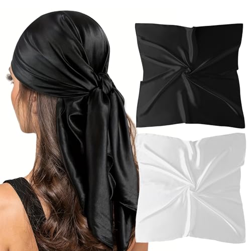 vimate 35" Square Silk Like Head Scarf - Women's Fashion Satin Scarf Bandana for Hair Wrapping at Night. - color: J#. 2 Pack--black & White