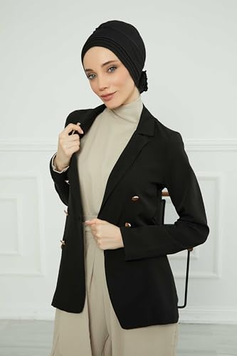 Aisha's Design Instant Turban Head Wraps for Women, Combed Cotton Scarf Lightweight Pre tied Hijab with Back Rose Detail - color: Black