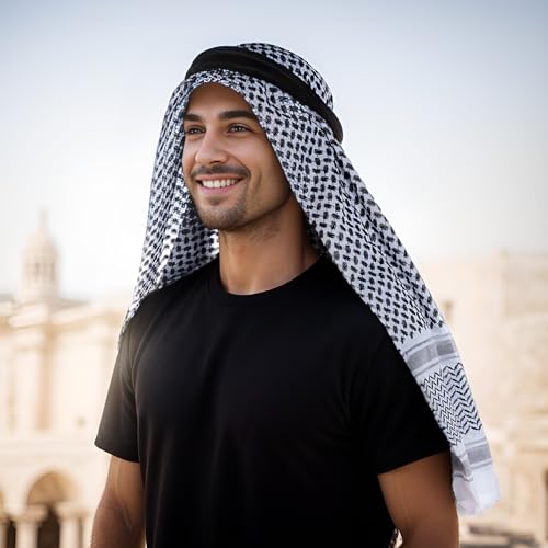 Jmkcoz Arab Shemagh Tactical Desert Keffiyeh Head Scarf Arabic Turban Neck Headwear Wrap Arab Muslim Costume for Men Women - color: Black and White