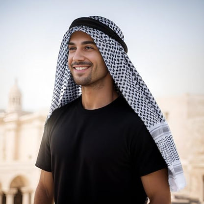 Jmkcoz Arab Shemagh Tactical Desert Keffiyeh Head Scarf Arabic Turban Neck Headwear Wrap Arab Muslim Costume for Men Women - color: Black and White