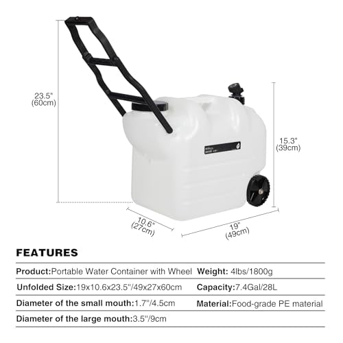 REDCAMP 7.4 Gal Water Container with Wheels & Spigot | Portable Rolling Emergency Camping Water Jug with Folding Handle | BPA Free Food Grade Water Storage Tank for Camping, Hiking 2 Pack (28L, White) - color: White 28l, 2 Pack
