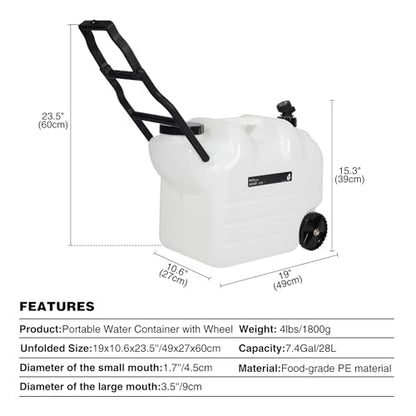REDCAMP 7.4 Gal Water Container with Wheels & Spigot | Portable Rolling Emergency Camping Water Jug with Folding Handle | BPA Free Food Grade Water Storage Tank for Camping, Hiking 2 Pack (28L, White) - color: White 28l, 2 Pack