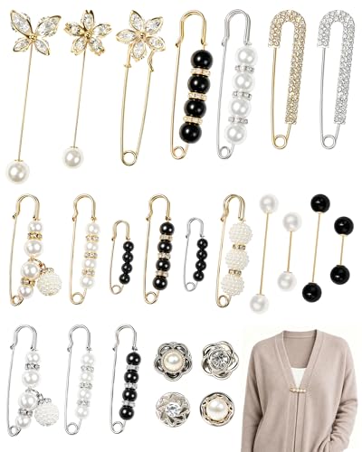 24Pcs FIVEIZERO Pearl Brooch, Pant Waist Tightener Safety Pin(Chic) | Double Faux Pearl Brooches, Fashion Cover Up Buttons, Decorative Safety Pins, Ideal for Women Clothes Decoration - color: gold+silver