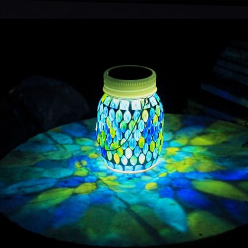 Solar Mosaic Mason Jar Light, Hanging Outdoor Solar Lantern Waterproof Garden Decor (Bule) - color: bule