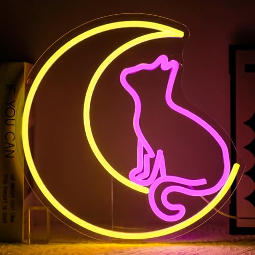 Moon Cats Neon Sign for Wall Decor Dimmable Cute Cat Led Light Signs for Room Decor Pink Yellow Neon Light for Living Room Bedroom Bar Cafe Party Dorm Decoration Gift for Kids Girls - style: Moon Cat