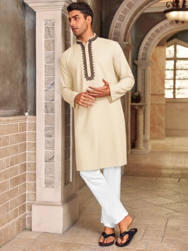 Runcati Mens Kaftan Thobe Cotton Henley Shirt Long Sleeve Embroidery Robe Casual Kurta Muslim Gown Shirt - color: Apricot, size: Medium