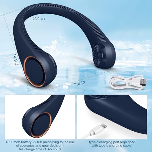 CIVPOWER Neck Fan: Portable Personal Neck Cooling Rechargeable Bladeless Fan - Hands Free 3 Speed 4000 mAh Battery USB Operated Wearable Headphone Design - Gift for Men Women Outdoor (Dark Blue) - color: Dark Blue