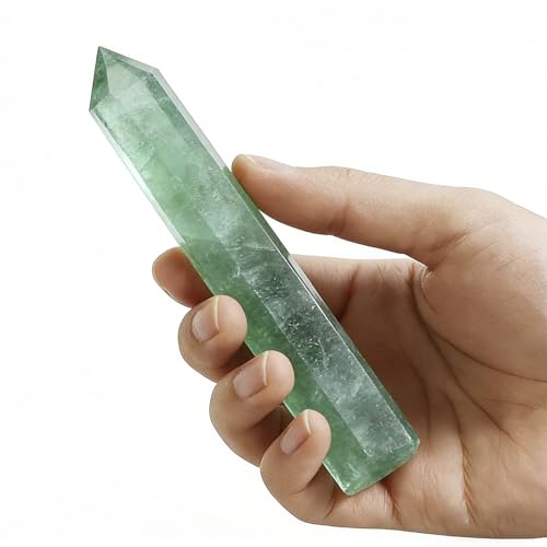 5.9 Inch Green Fluorite Point Wand, Natural Hexagonal Prism Crystal Pillar, Single Point Fluorite Crystal Stick, Reiki Healing Energy Stone, Craft Ornament for Meditation Home Decor Spiritual Gift - color: 5.9inch Wand Green Fluorite