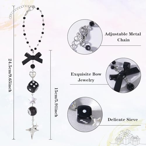 Black Bow Car Mirror Chain Y2k 8 Ball Star Beaded Hanging Charm | Y2k Aesthetic Hanging Charm With 8 Ball And Star Pendant. Beaded Car Rearview Mirror Chain. Cute Car Interior Decor - style: Star