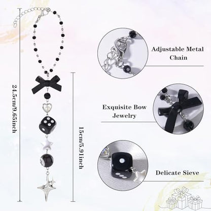 Black Bow Car Mirror Chain Y2k 8 Ball Star Beaded Hanging Charm | Y2k Aesthetic Hanging Charm With 8 Ball And Star Pendant. Beaded Car Rearview Mirror Chain. Cute Car Interior Decor - style: Star