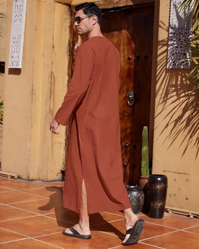 YAOHUOLE Men's Kaftan Thobe Long Sleeve Men Thobe Robe Side Split Men Thobe with Pockets Casual Thobe - color: Brick Red-long Sleeve, size: X-Large