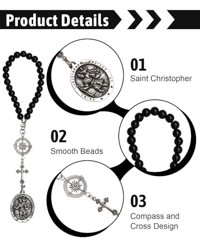1 Pc St Christopher Car Rearview Mirror Decor Medal, Black Cross Hanging Car Rosary Charm, Travel Protection Charm