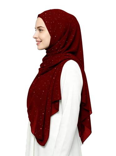 Lina & Lily Sparkle Shimmer Gold Glitter Women's Chiffon Hijab Head Scarf Shawl Wrap Lightweight - color: Dark Red